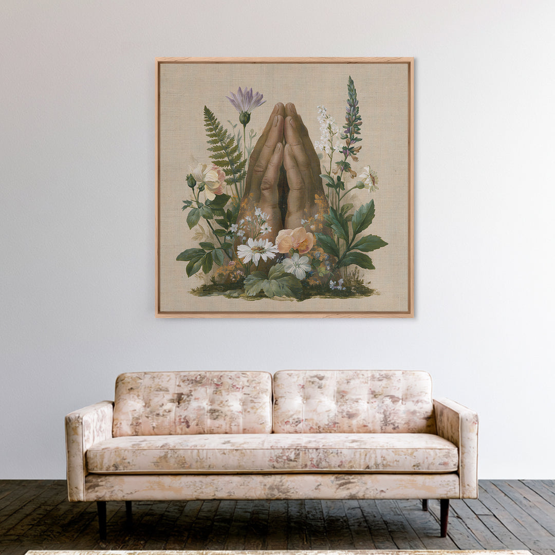 Prayer Hands with Botanical Details Framed Canvas Print, Spiritual Art, Printable Wall Art, Living Room Decor, Fine Art, Spirit, SPI-1x1-33