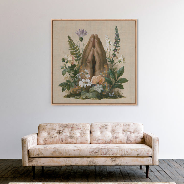 Prayer Hands with Botanical Details Framed Canvas Print, Spiritual Art, Printable Wall Art, Living Room Decor, Fine Art, Spirit, SPI-1x1-33