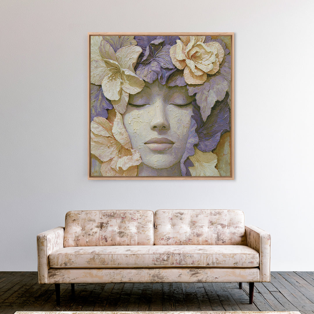 Serene Face with Closed Eyes and Flowers Canvas Print, Spiritual Art, Digital Art, Living Room Decor, Watercolor Art, Spirit, SPI-1x1-36