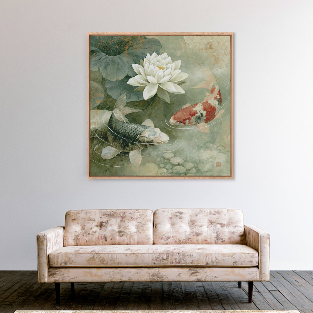 Lotus and Koi Framed Canvas Print, Spiritual Art, Fine Art Print, Living Room Decor, Abstract Art, Spirit, Digital Prints, SPI-1x1-42
