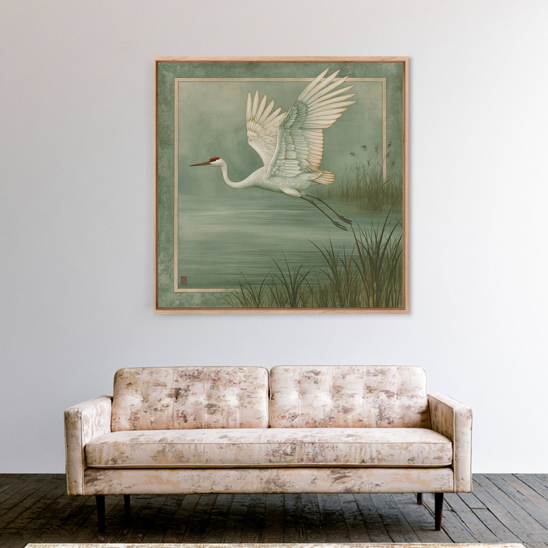 White Crane Flying Framed Canvas Print, Spiritual Art, Room Decor, Living Room Decor, Oil Painting, Spirit, Digital Print, SPI-1x1-48