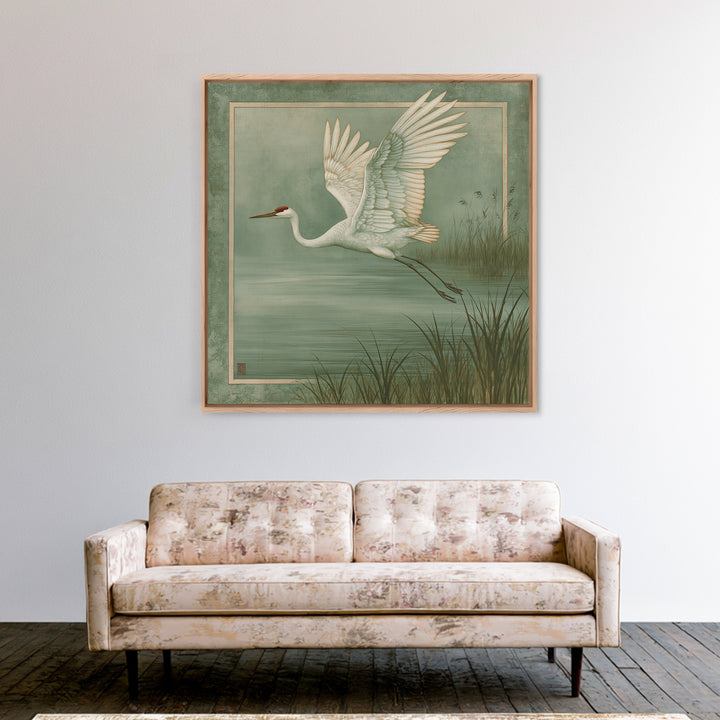 White Crane Flying Framed Canvas Print, Spiritual Art, Room Decor, Living Room Decor, Oil Painting, Spirit, Digital Print, SPI-1x1-48
