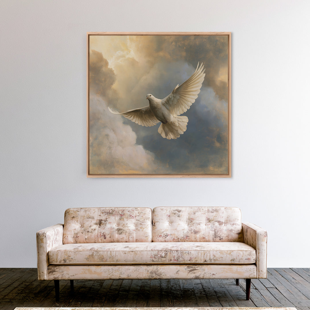 Dove Flying Through Radiant Clouds Framed Canvas Print, Spiritual Art, Printable, Living Room Decor, Fine Art, Spirit, SPI-1x1-53
