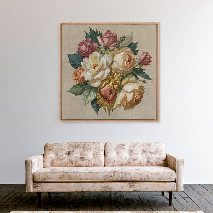 Sacred Heart with Roses and Gold Rays Framed Canvas Print, Spiritual Art, Textured Painting, Living Room Decor, Spirit, SPI-1x1-62