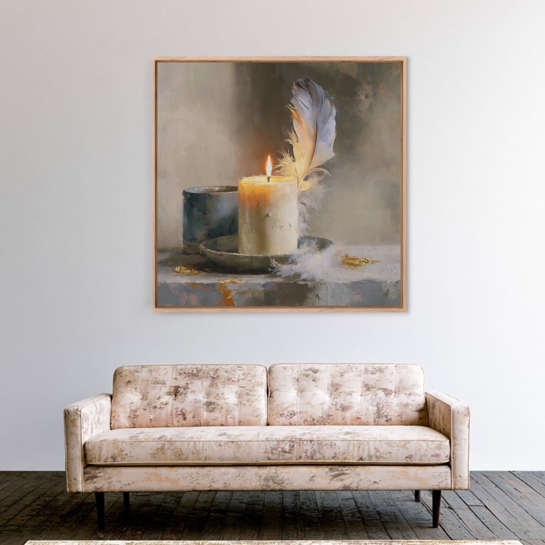 Candle and Feather Still Life Framed Canvas Print, Spiritual Art, Minimalist Wall Art, Living Room Decor, Fine Art, Spirit, SPI-1x1-68