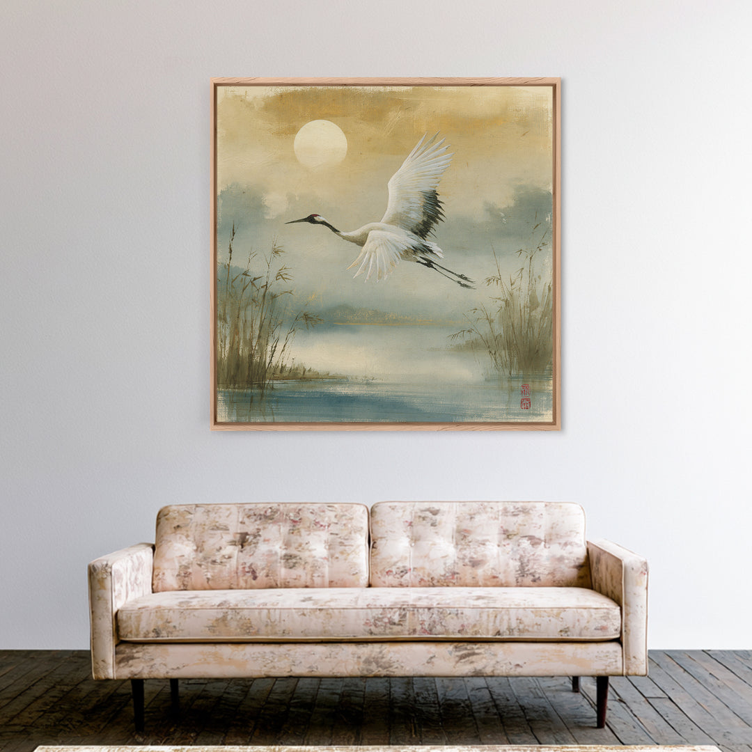 White Crane Flying Framed Canvas Print, Spiritual Art, Contemporary Art, Living Room Decor, Fine Art, Spirit, Minimalist Decor, SPI-1x1-72