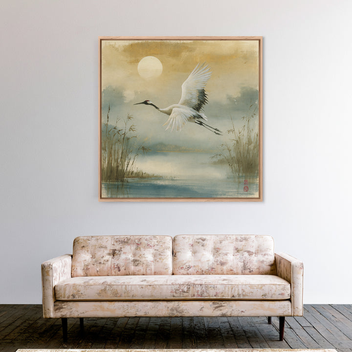 White Crane Flying Framed Canvas Print, Spiritual Art, Contemporary Art, Living Room Decor, Fine Art, Spirit, Minimalist Decor, SPI-1x1-72