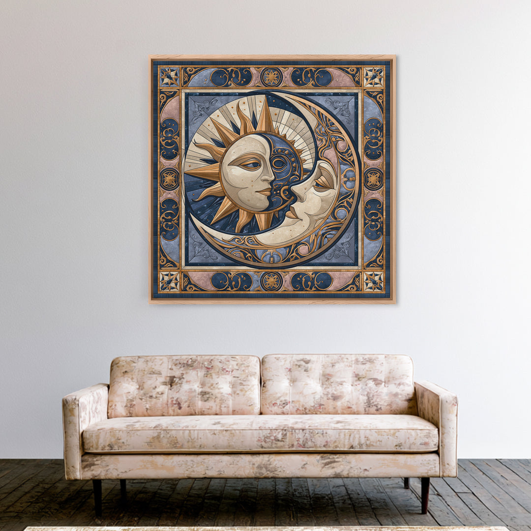 Sun and Moon Spiritual Balance Composition Framed Canvas Print, Spiritual Art, Boho Decor, Living Room Decor, Fine Art, Spirit, SPI-1x1-80