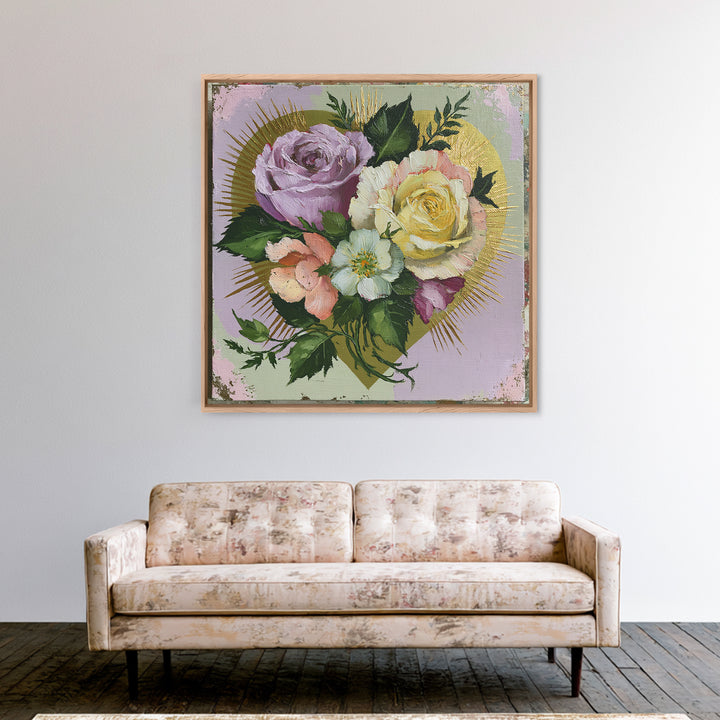 Sacred Heart with Roses and Gold Rays Canvas Print, Spiritual Art, Art, Living Room Decor, Fine Art, Spirit, Canvas Wall Art, SPI-1x1-86