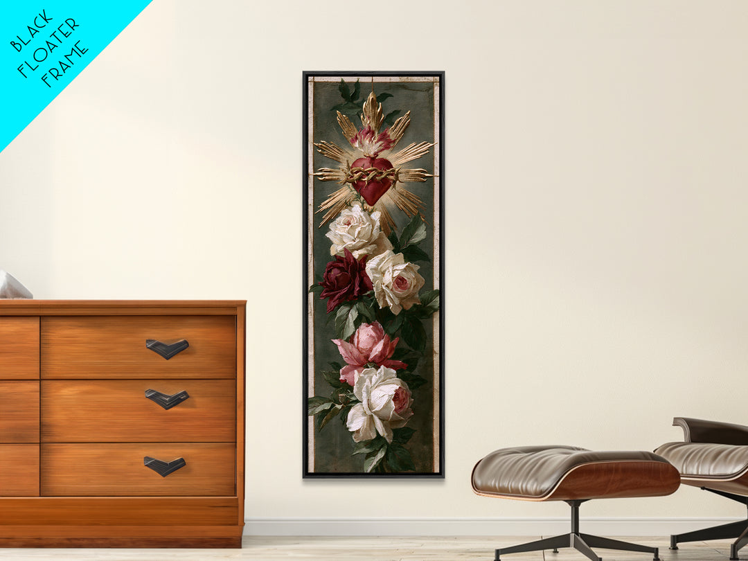 Sacred Heart with Roses and Gold Rays Canvas Print, Spiritual Art, Art Print, Living Room Decor, Spirit, Boho Wall Art, SPI-1x3-98