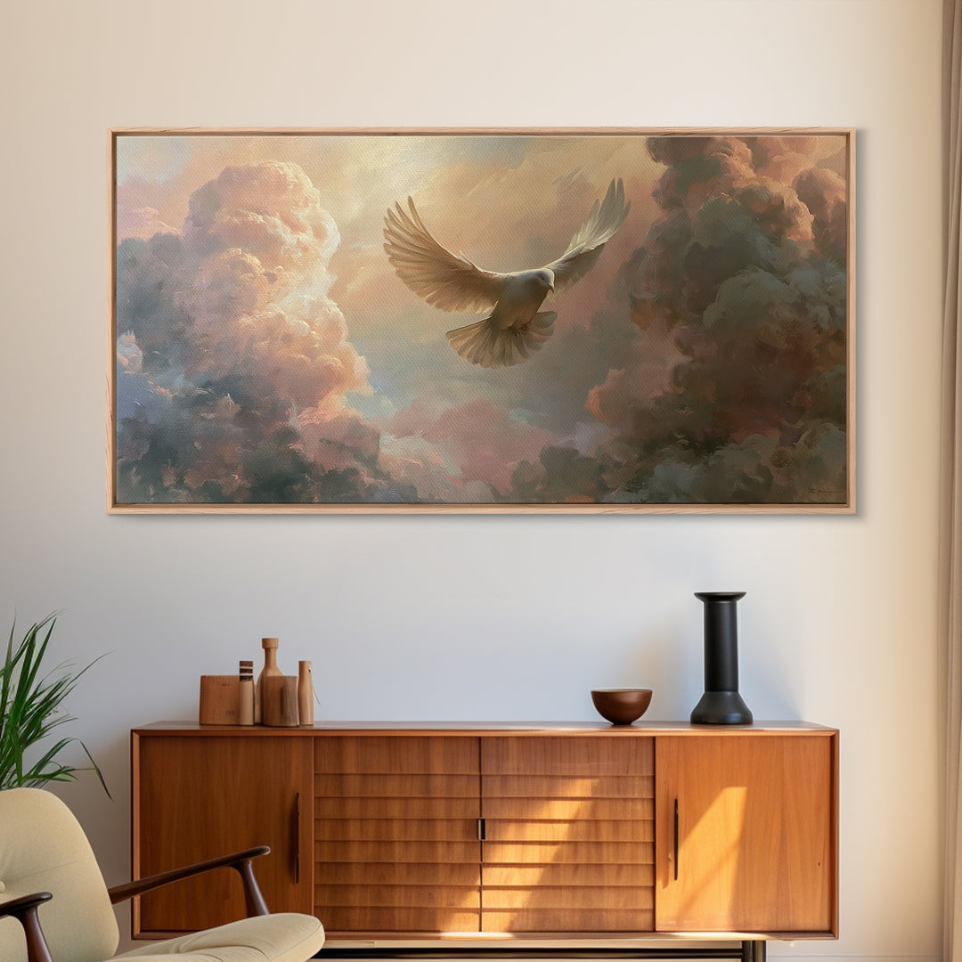 Dove Flying Through Radiant Clouds Framed Canvas Print, Spiritual Art, Funky Wall Art, Living Room Decor, Fine Art, Spirit, SPI-2x1-1