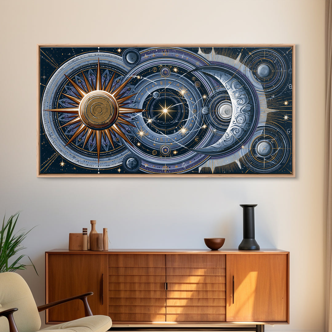 Sun and Moon Spiritual Balance Composition Framed Canvas Print, Spiritual Art, Trendy Wall Art, Living Room Decor, Spirit, SPI-2x1-100