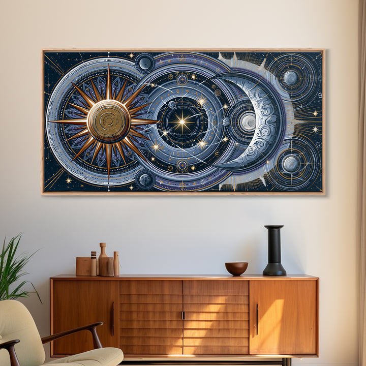 Sun and Moon Spiritual Balance Composition Framed Canvas Print, Spiritual Art, Trendy Wall Art, Living Room Decor, Spirit, SPI-2x1-100