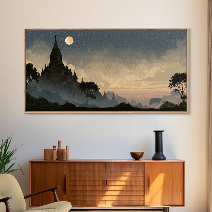 Ancient Temple Silhouette Framed Canvas Print, Spiritual Art, Living Room Decor, Watercolor Art, Spirit, Abstract Wall Art, SPI-2x1-15