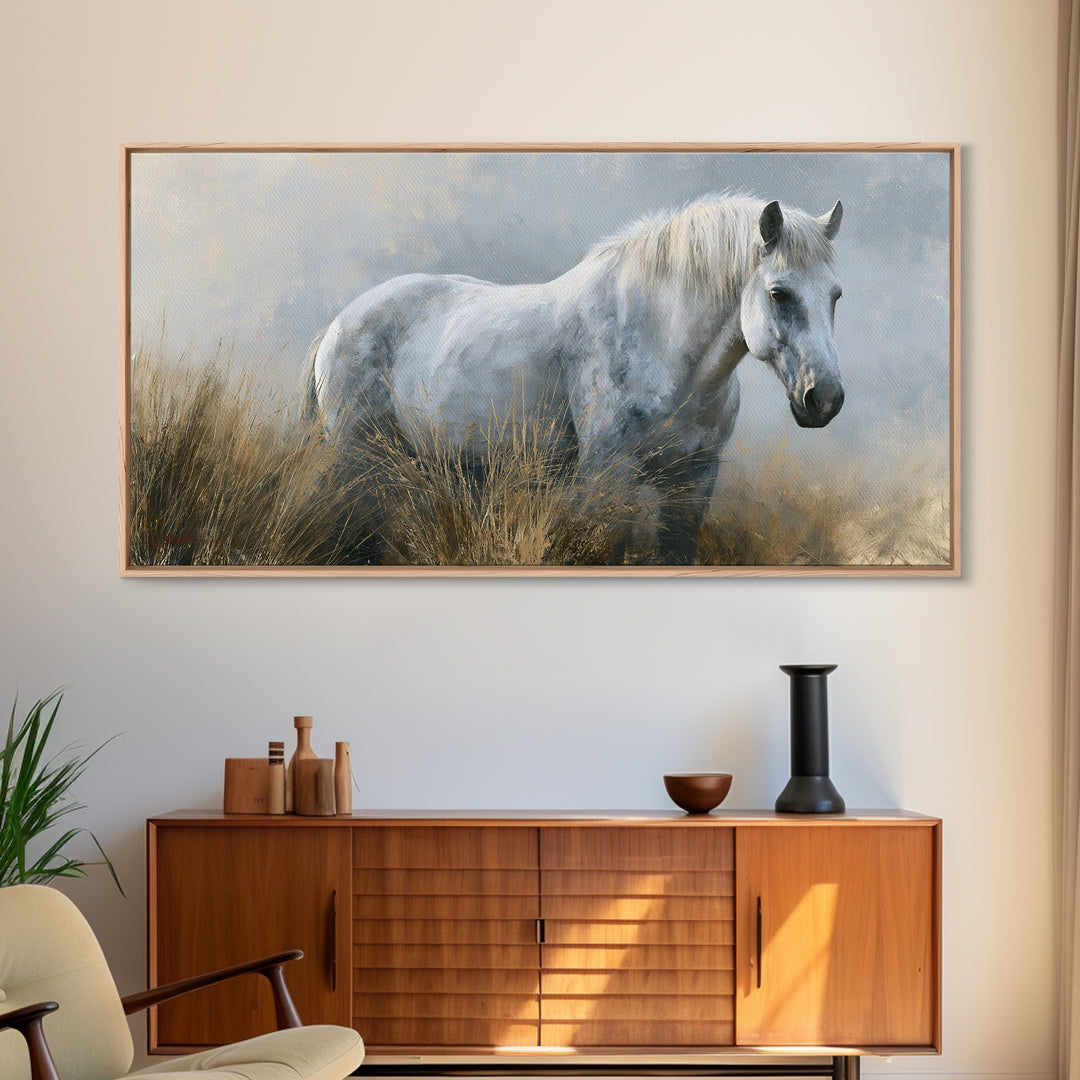 White Horse in Misty Sacred Landscape Framed Canvas Print, Spiritual Art, Art Print, Living Room Decor, Oil Painting, Spirit, SPI-2x1-30