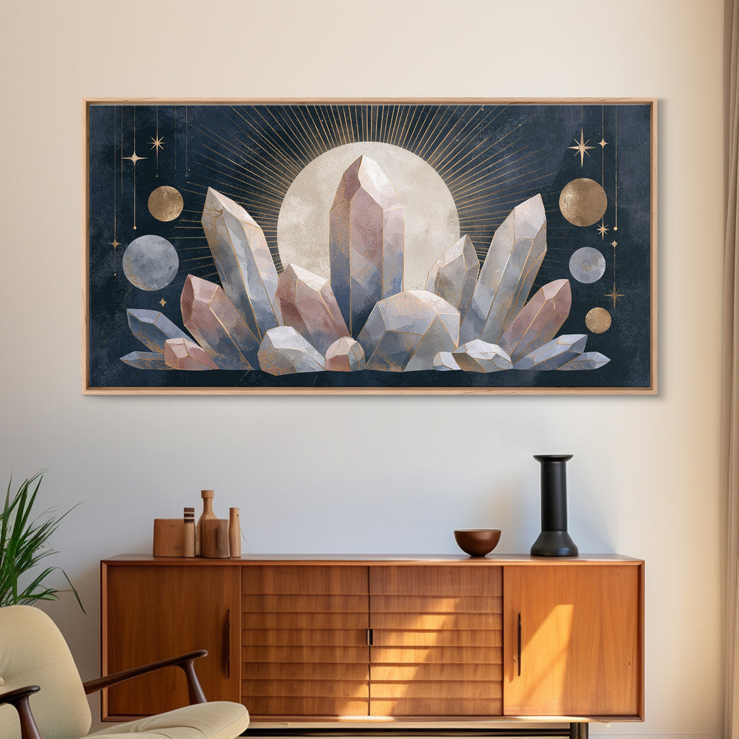 Crystal Cluster with Moonlight Reflections Framed Canvas Print, Spiritual Art, Digital Print, Living Room Decor, Spirit, SPI-2x1-33