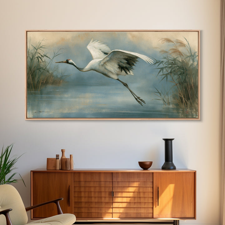 White Crane Flying Canvas Print, Spiritual Art, Minimalist Decor, Living Room Decor, Fine Art, Spirit, Wall Art Prints, SPI-2x1-44