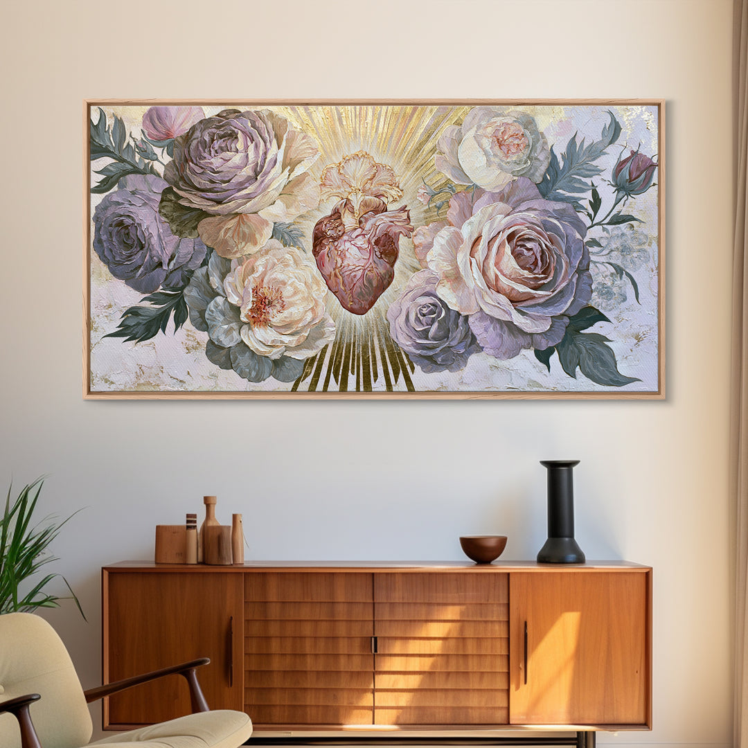 Sacred Heart with Roses and Gold Rays Canvas Print, Spiritual Art, Framed Wall Art, Living Room Decor, Fine Art, Spirit, SPI-2x1-58