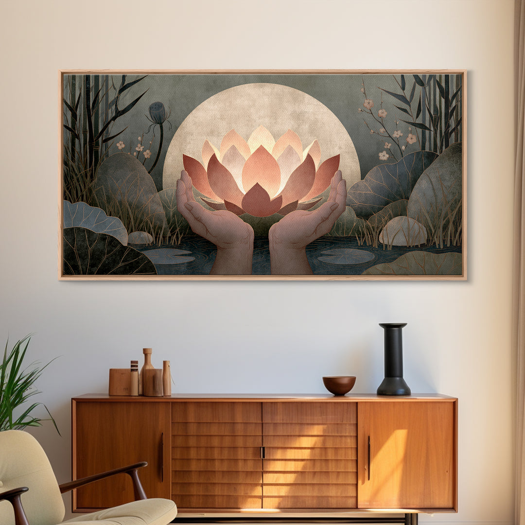 Hands Holding a Glowing Lotus Canvas Print, Spiritual Art, Neutral Decor, Living Room Decor, Abstract Art, Spirit, Wall Decor, SPI-2x1-71