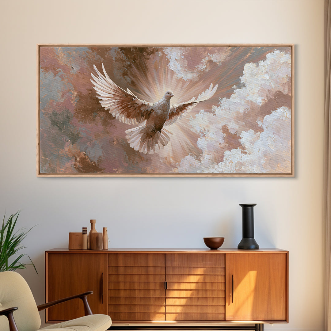 Dove Flying Through Radiant Clouds Canvas Print, Spiritual Art, Digital Poster, Living Room Decor, Fine Art, Spirit, SPI-2x1-73