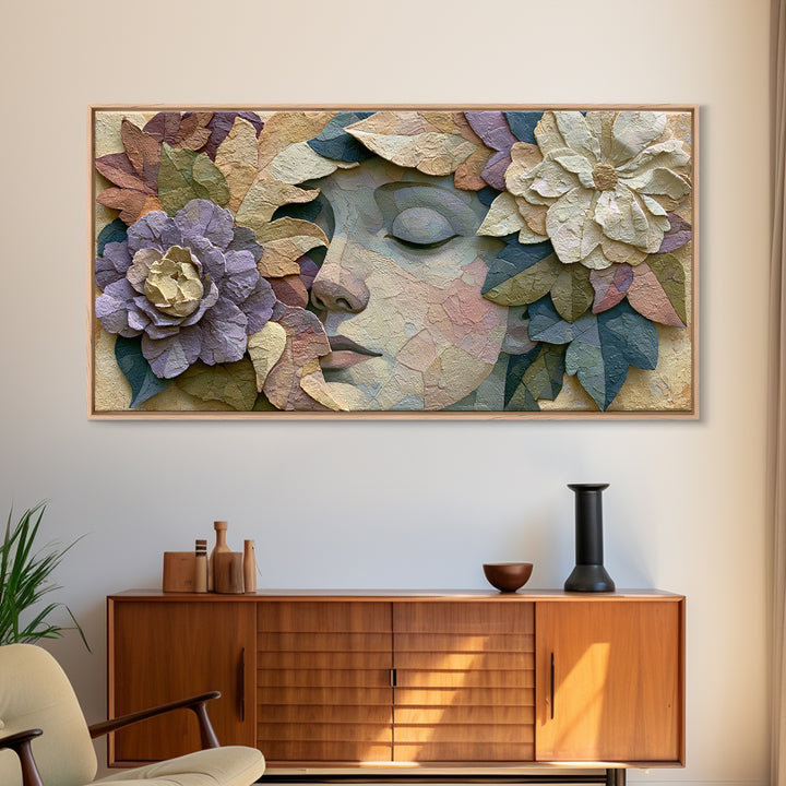 Serene Face with Closed Eyes and Flowers Framed Canvas Print, Spiritual Art, Abstract Wall Art, Living Room Decor, Oil Painting, SPI-2x1-80