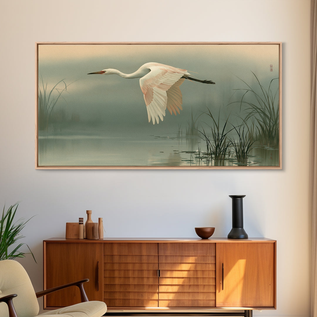 White Crane Flying Framed Canvas Print, Spiritual Art, Black Art, Living Room Decor, Fine Art, Spirit, Christian Decor, SPI-2x1-92
