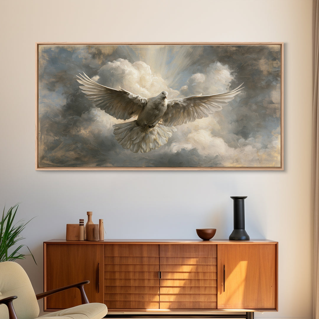 Dove Flying Through Radiant Clouds Framed Canvas Print, Spiritual Art, Modern Decor, Living Room Decor, Fine Art, Spirit, SPI-2x1-97