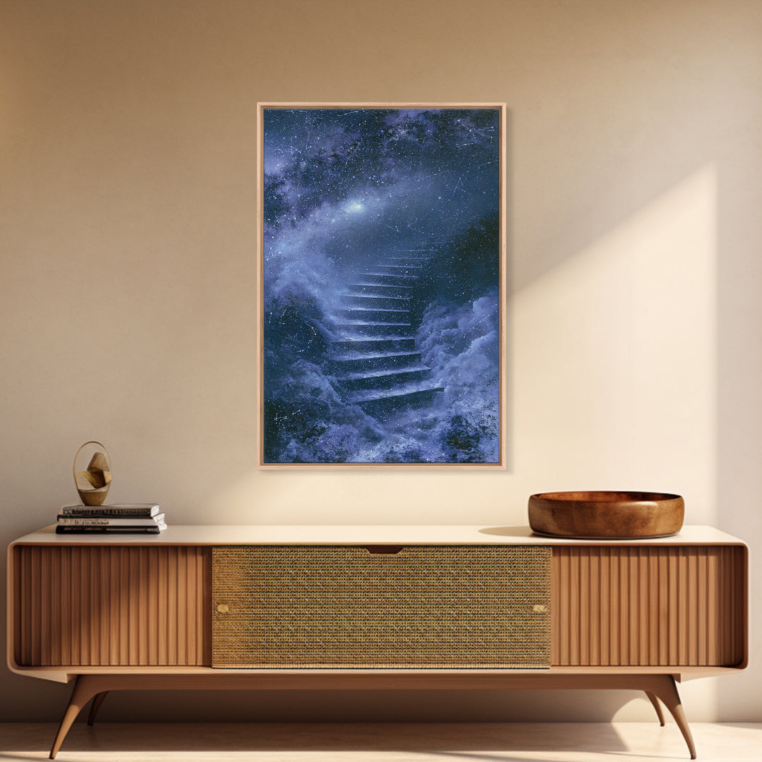 Celestial Staircase Through Clouds Framed Canvas Print, Spiritual Art, African American Art, Living Room Decor, Spirit, SPI-2x3-1