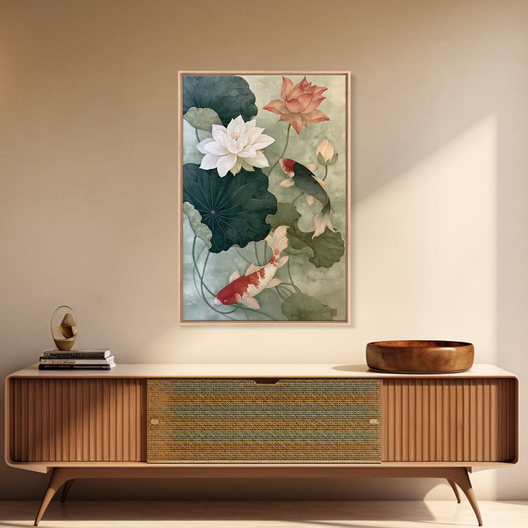 Lotus and Koi Framed Canvas Print, Spiritual Art, Digital Art, Living Room Decor, Abstract Art, Spirit, Funky Wall Art, SPI-2x3-2