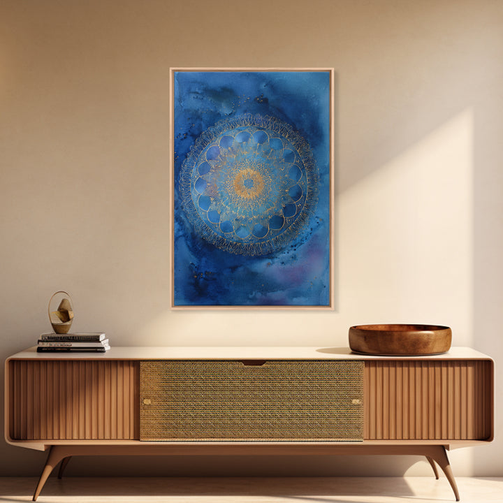 Gold Mandala on Deep Blue Background Framed Canvas Print, Spiritual Art, Digital Prints, Living Room Decor, Watercolor Art, SPI-2x3-36
