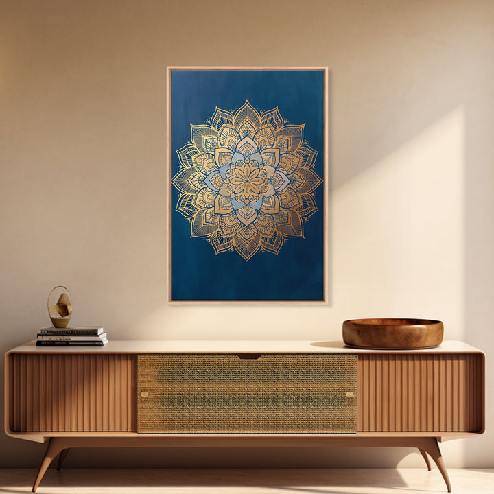 Gold Mandala on Deep Blue Background Framed Canvas Print, Spiritual Art, Christian Decor, Living Room Decor, Fine Art, Spirit, SPI-2x3-60