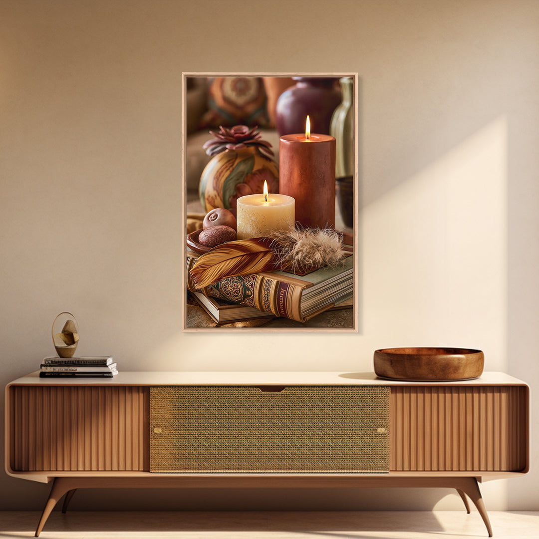 Candle and Feather Still Life Framed Canvas Print, Spiritual Art, Art, Living Room Decor, Fine Art, Spirit, Canvas Wall Art, SPI-2x3-76