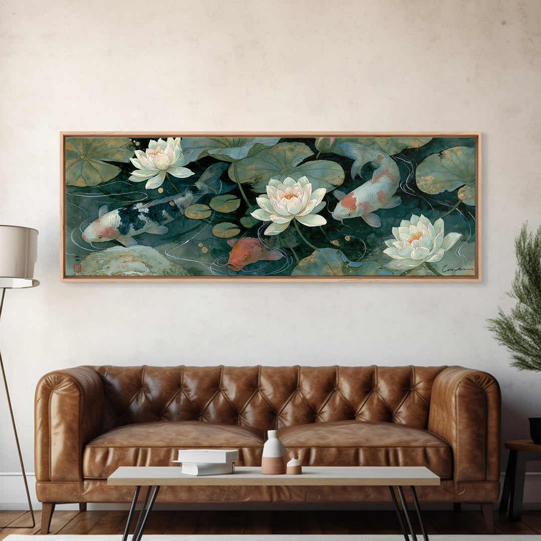 Lotus and Koi Framed Canvas Print, Spiritual Art, Canvas Wall Art, Living Room Decor, Fine Art, Spirit, Contemporary Art, SPI-3x1-10