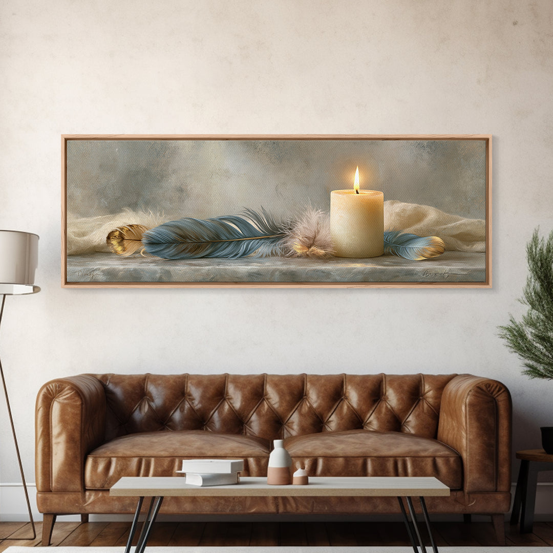 Candle and Feather Still Life Framed Canvas Print, Spiritual Art, Digital Poster, Living Room Decor, Fine Art, Spirit, SPI-3x1-12