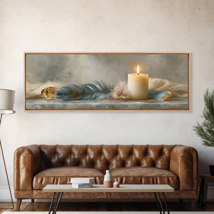 Candle and Feather Still Life Framed Canvas Print, Spiritual Art, Digital Poster, Living Room Decor, Fine Art, Spirit, SPI-3x1-12