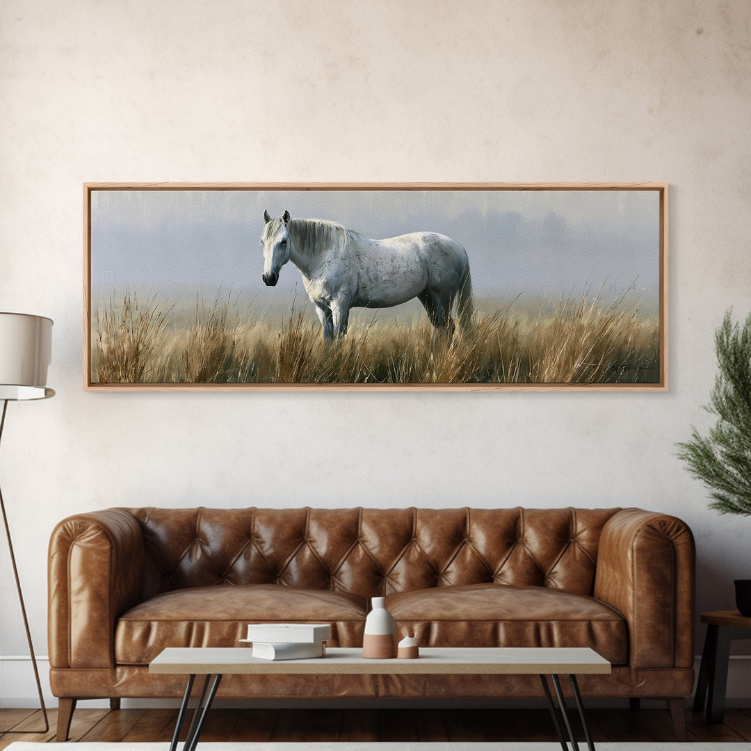 White Horse in Misty Sacred Landscape Framed Canvas Print, Spiritual Art, Abstract Wall Art, Living Room Decor, Spirit, SPI-3x1-2