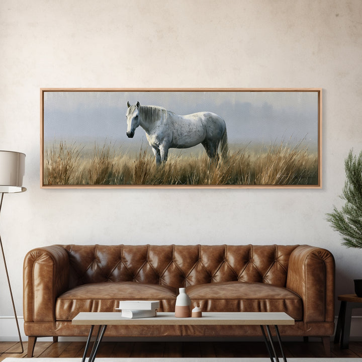 White Horse in Misty Sacred Landscape Framed Canvas Print, Spiritual Art, Abstract Wall Art, Living Room Decor, Spirit, SPI-3x1-2