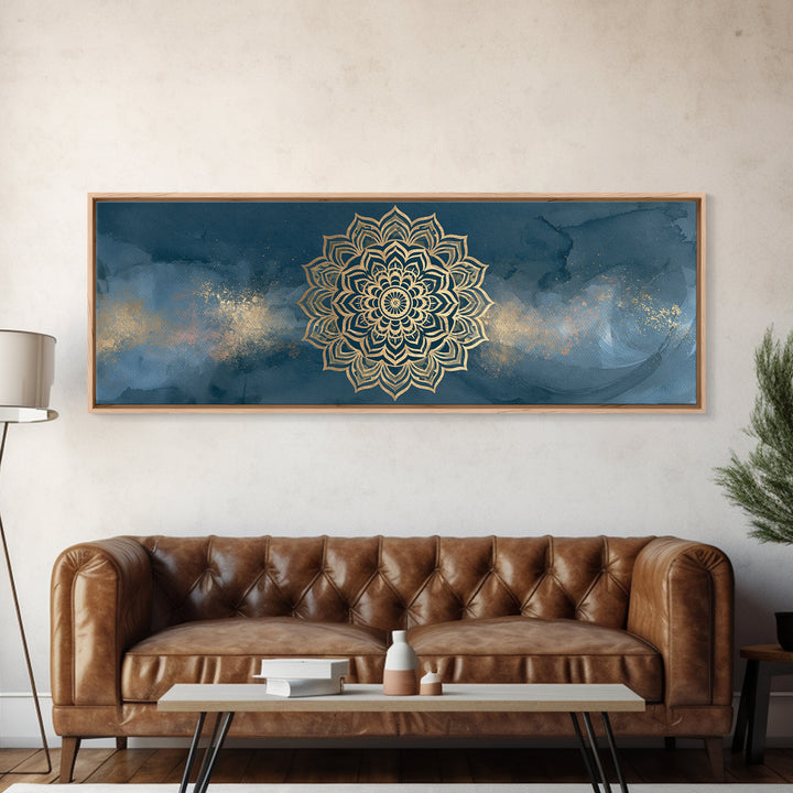 Gold Mandala on Deep Blue Background Canvas Print, Spiritual Art, Christian Decor, Living Room Decor, Fine Art, Spirit, SPI-3x1-20