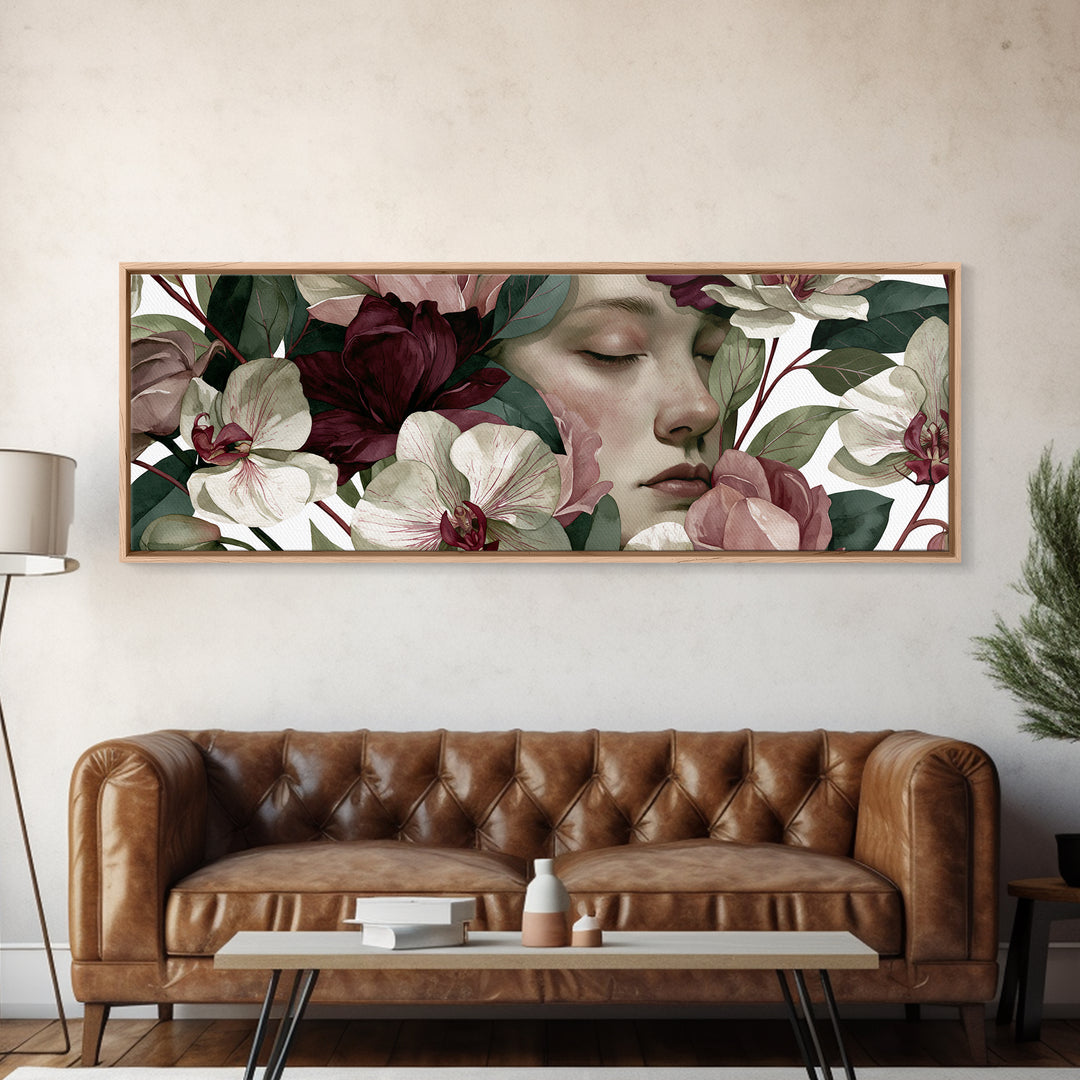 Serene Face with Closed Eyes and Flowers Canvas Print, Spiritual Art, Canvas Painting, Living Room Decor, Watercolor Art, SPI-3x1-4
