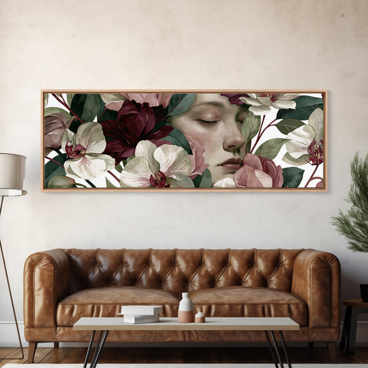 Serene Face with Closed Eyes and Flowers Canvas Print, Spiritual Art, Canvas Painting, Living Room Decor, Watercolor Art, SPI-3x1-4