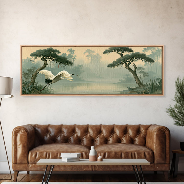 White Crane Flying Canvas Print, Spiritual Art, Fine Art Print, Living Room Decor, Oil Painting, Spirit, Digital Prints, SPI-3x1-40