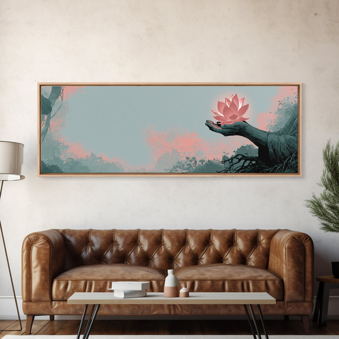 Hands Holding a Glowing Lotus Canvas Print, Spiritual Art, Wallart, Living Room Decor, Fine Art, Spirit, Mandala Wall Art, SPI-3x1-43