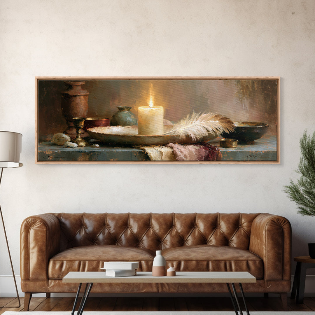 Candle and Feather Still Life Framed Canvas Print, Spiritual Art, Textured Painting, Living Room Decor, Fine Art, Spirit, SPI-3x1-60