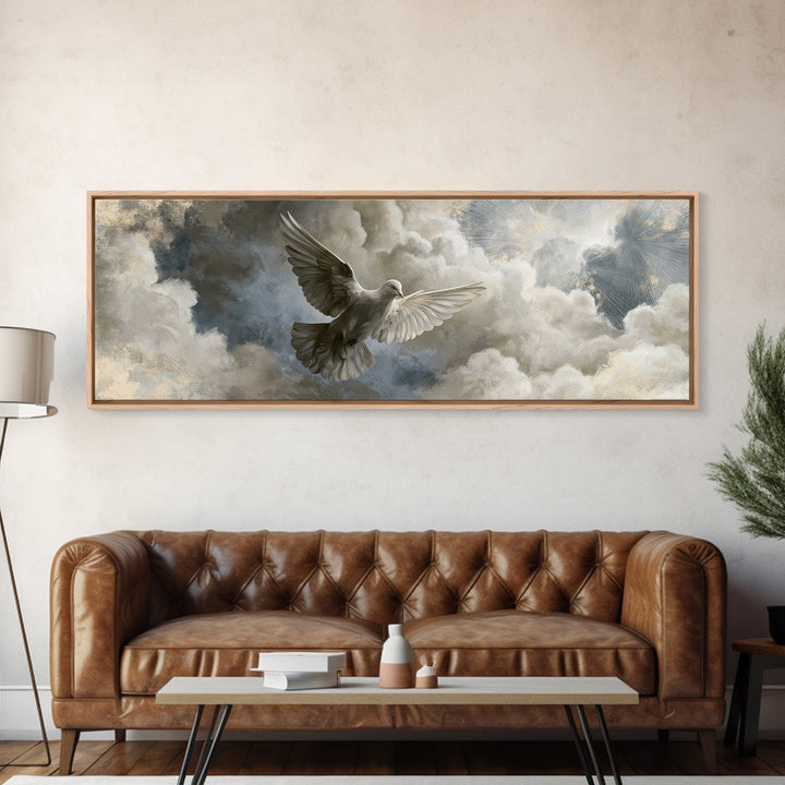 Dove Flying Through Radiant Clouds Framed Canvas Print, Spiritual Art, Art, Living Room Decor, Spirit, Canvas Wall Art, SPI-3x1-69