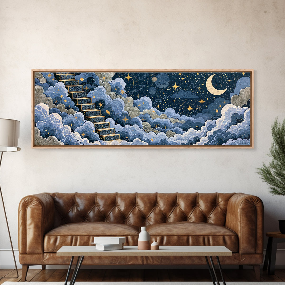 Celestial Staircase Through Clouds Framed Canvas Print, Spiritual Art, Wall Art, Living Room Decor, Fine Art, Spirit, SPI-3x1-81