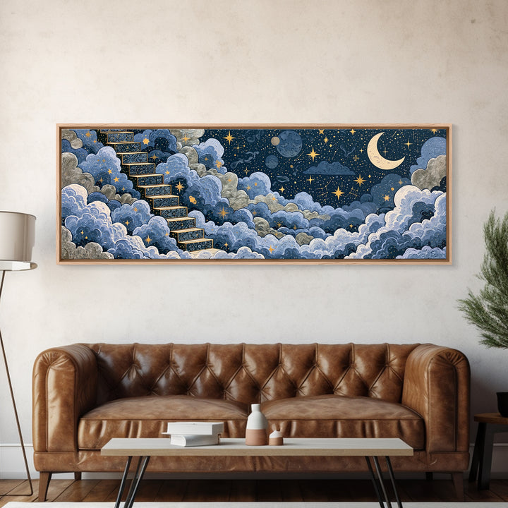 Celestial Staircase Through Clouds Framed Canvas Print, Spiritual Art, Wall Art, Living Room Decor, Fine Art, Spirit, SPI-3x1-81