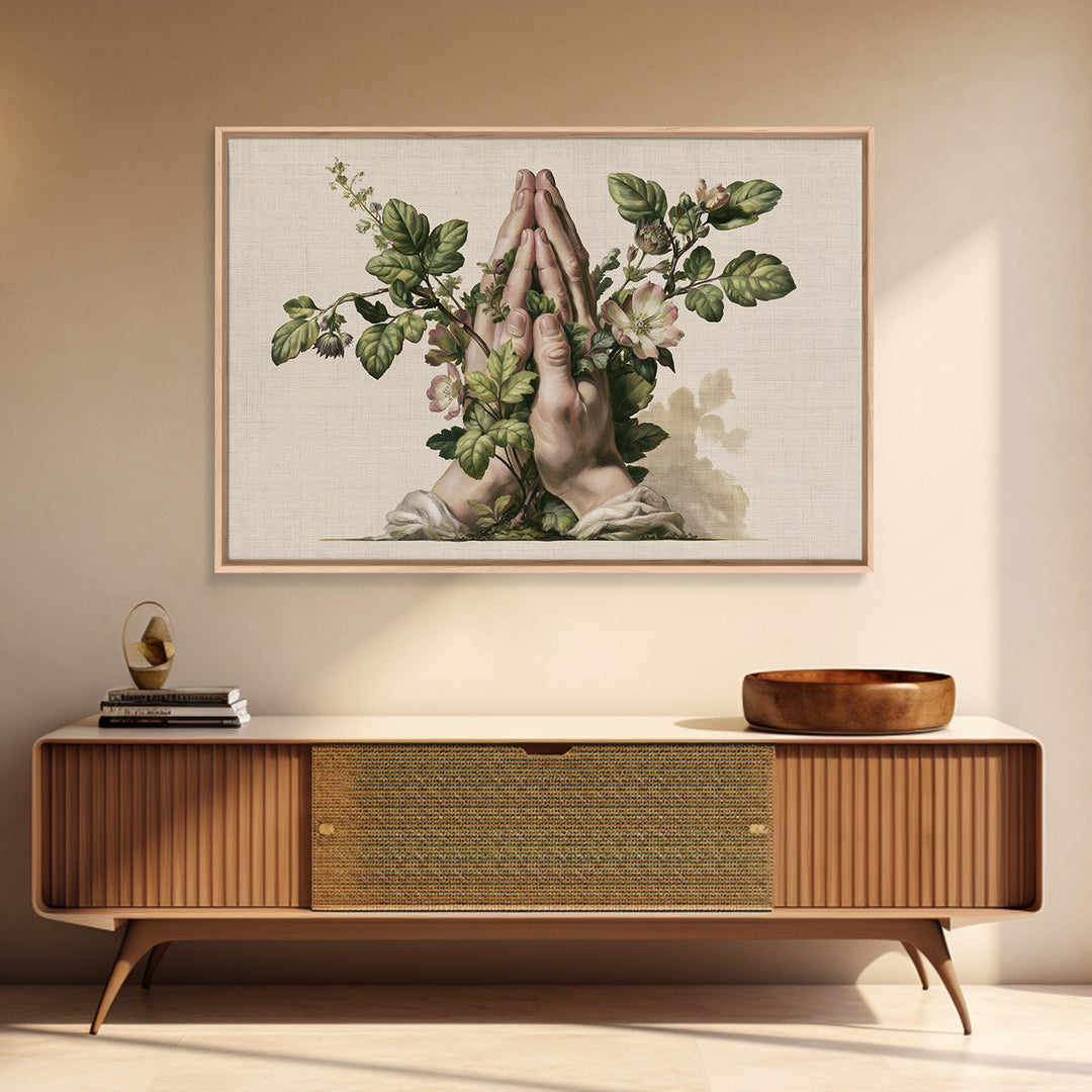 Prayer Hands with Botanical Details Framed Canvas Print, Spiritual Art, Living Room Decor, Watercolor Art, Spirit, SPI-3x2-13