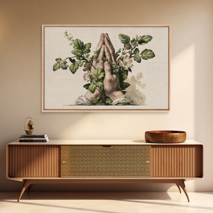 Prayer Hands with Botanical Details Framed Canvas Print, Spiritual Art, Living Room Decor, Watercolor Art, Spirit, SPI-3x2-13