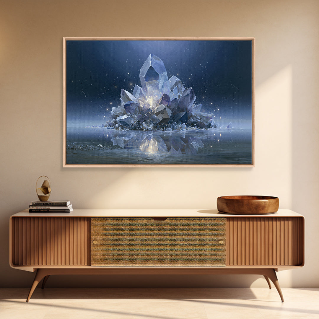 Crystal Cluster with Moonlight Reflections Framed Canvas Print, Spiritual Art, Living Room Decor, Watercolor Art, Spirit, SPI-3x2-41
