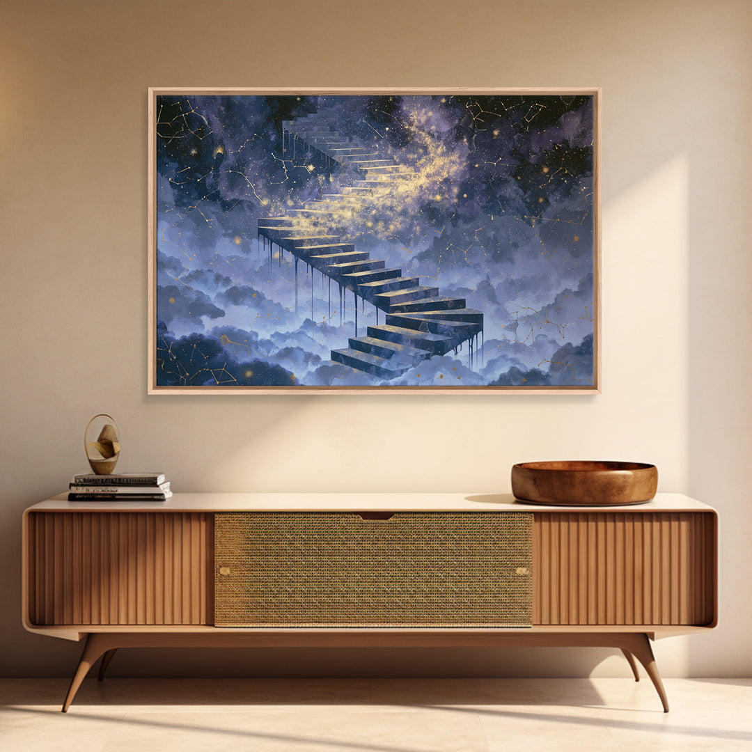 Celestial Staircase Through Clouds Framed Canvas Print, Spiritual Art, Room Decor, Living Room Decor, Fine Art, Spirit, SPI-3x2-45